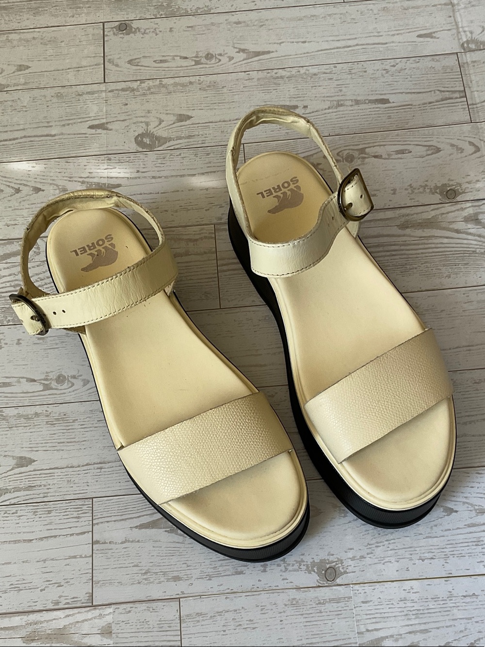 Sorel Cream Leather Ankle-Strap Sandals with Black Sole